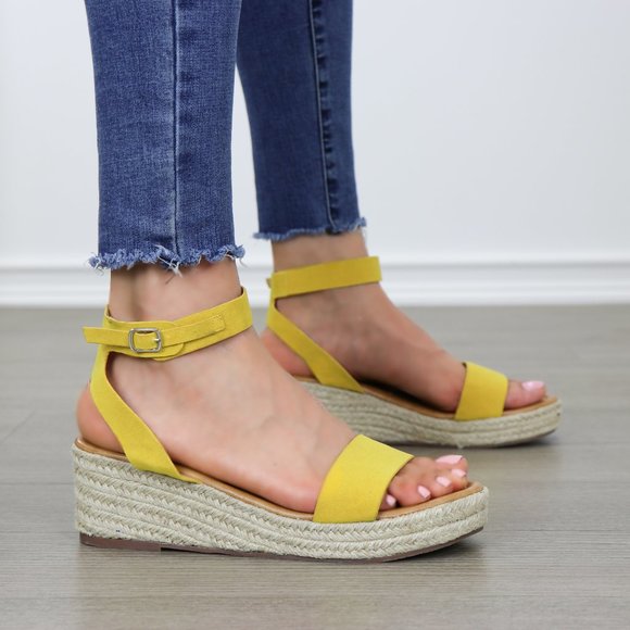 Yellow Open Toe Espadrille Wedge Sandals - Picture 2 of 8